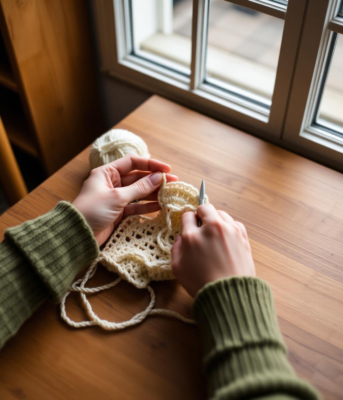 A maker crocheting by hand in warm light