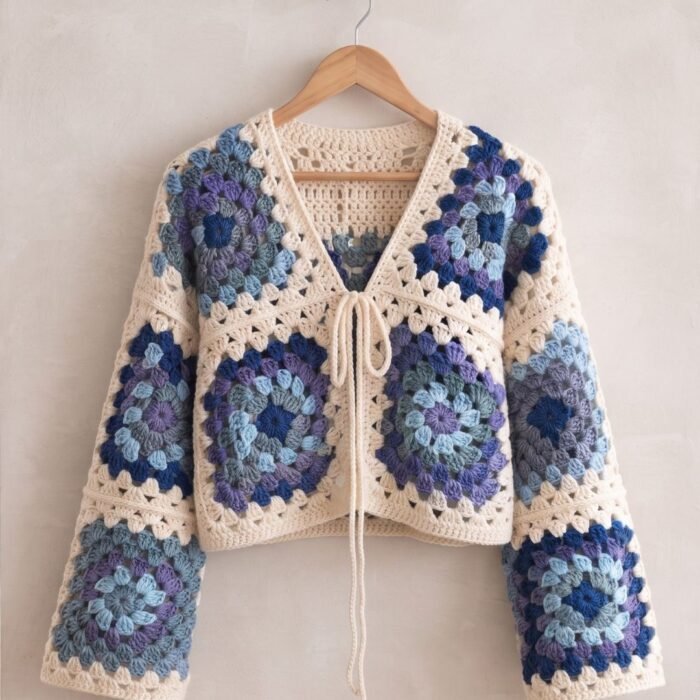 Midnight Bloom Granny Square Crochet Cardigan
