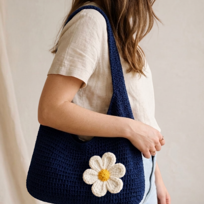 Handmade Crochet Navy Blue Daisy Shoulder Bag