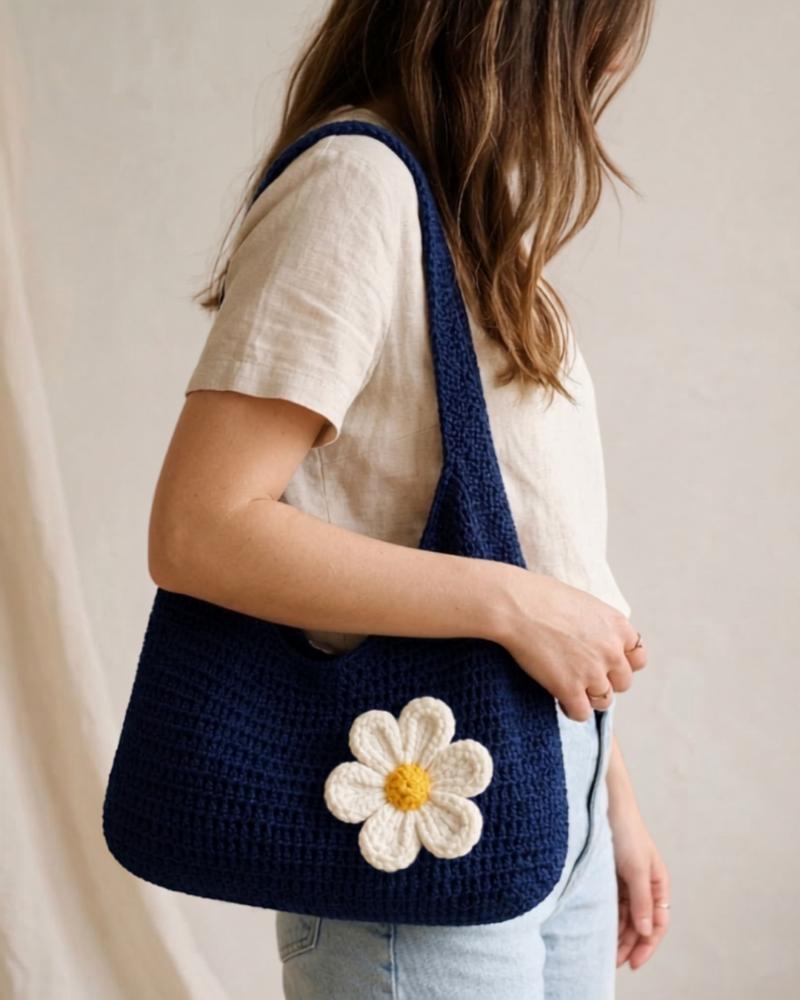 Handmade Crochet Navy Blue Daisy Shoulder Bag