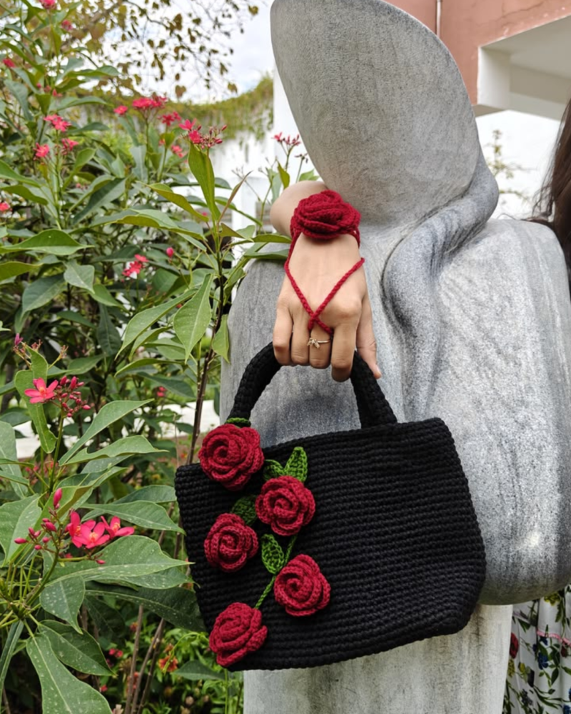 Black Crochet Rose Tote Bag